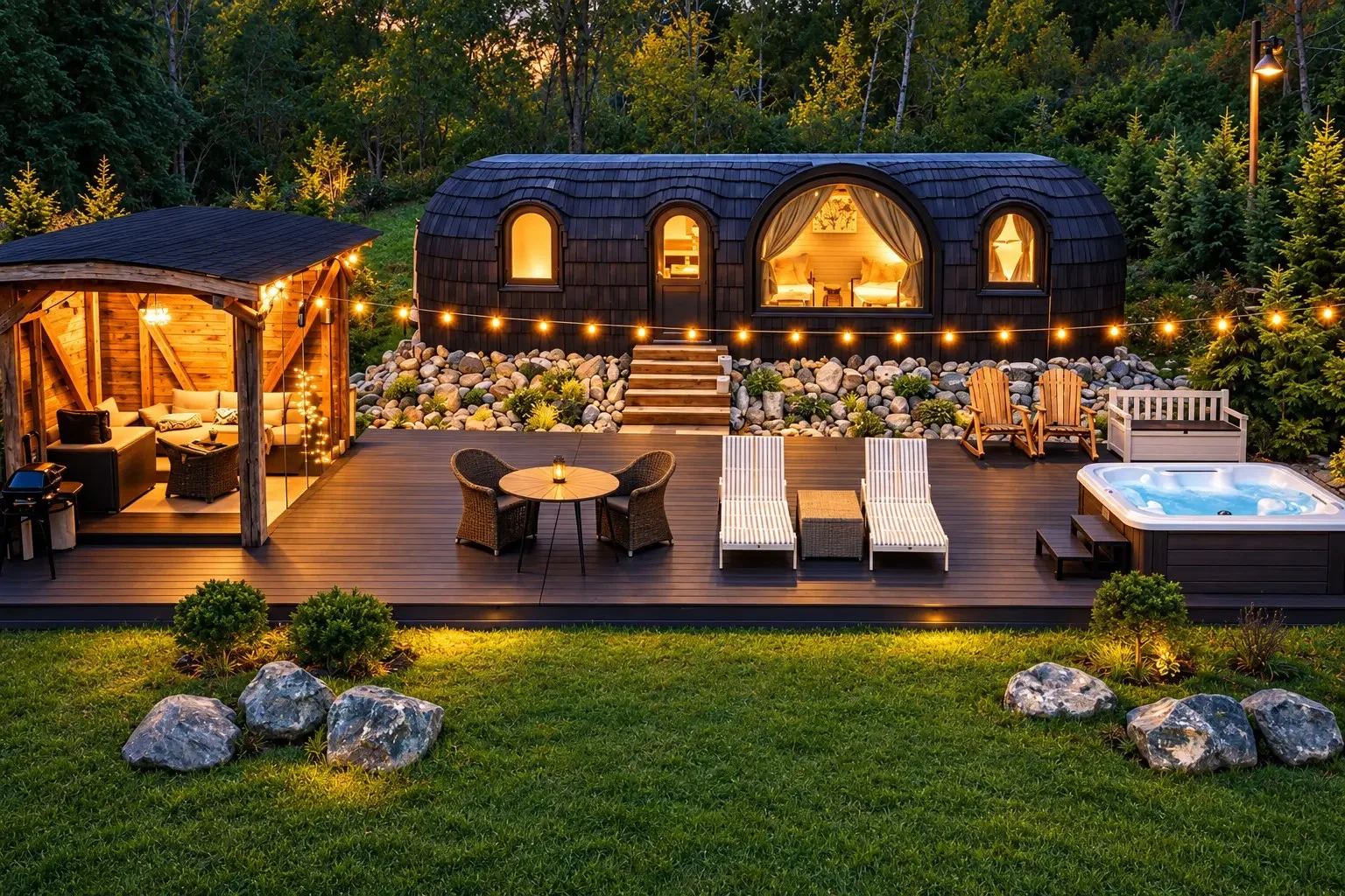 Friday Inn Igloo Comarnic – exteriorul căsuței, foișorul și jacuzzi-ul